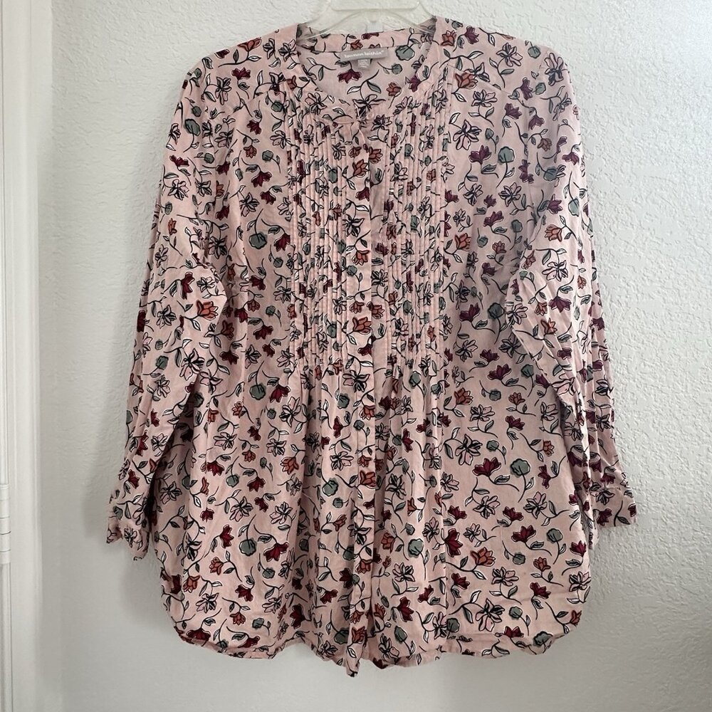 Woman Within Tunic Top Petite 1X Pink Floral Pleated Cotton Pintuck Spring Fairy